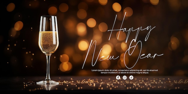 PSD grátis bandeira de ano novo com flautas de champanhe e luzes desbotadas com texto