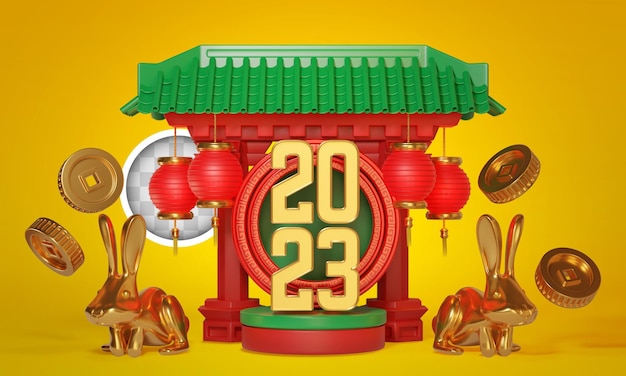 Bandeira do ano novo chinês com ilustração 3d das decorações