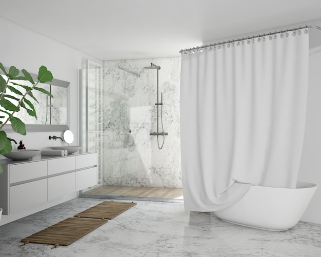 banheira com cortina, armário e chuveiro