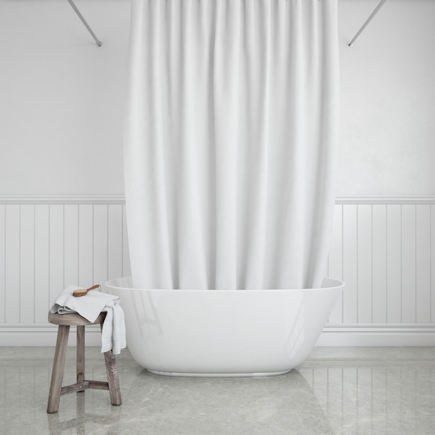 banheira com cortina e banco com toalha