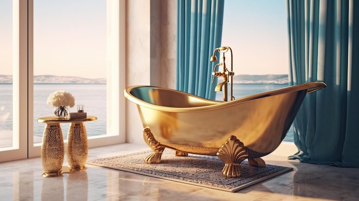 PSD grátis banheira com vaso de ouro e toalha com vista para o mar generative ai