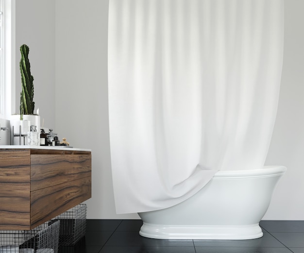 Banheiro elegante com cortina branca