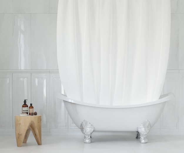 Banheiro elegante com cortina branca