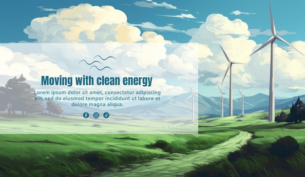 PSD grátis banner com texto para energia limpa em um fundo de ilustração com turbinas eólicas