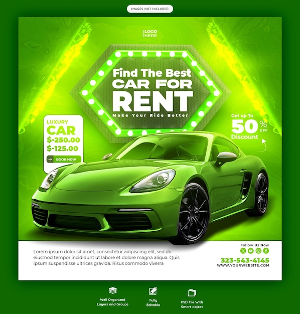 PSD grátis banner de mídia social de aluguel de carros e automóveis ou modelo de postagem no instagram