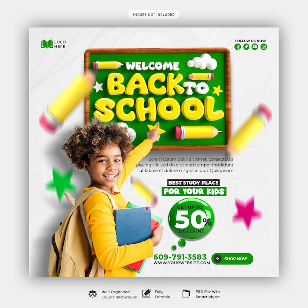 Banner de mídia social de volta às aulas ou modelo de postagem do Instagram
