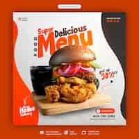PSD grátis banner de mídia social delicioso de hambúrguer e menu de comida ou modelo de postagem do instagram