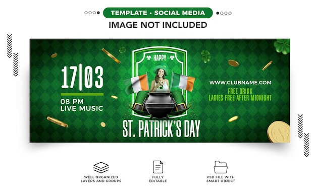 Banner de mídia social feliz dia de são patrício com música e bebida grátis