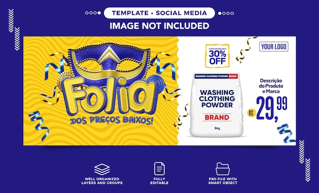 Banner de mídia social folia de preços baixos para ofertas de produtos no brasil