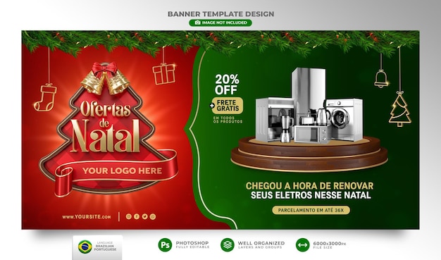 Banner de natal oferece em português 3d render para campanha de marketing no brasil template design