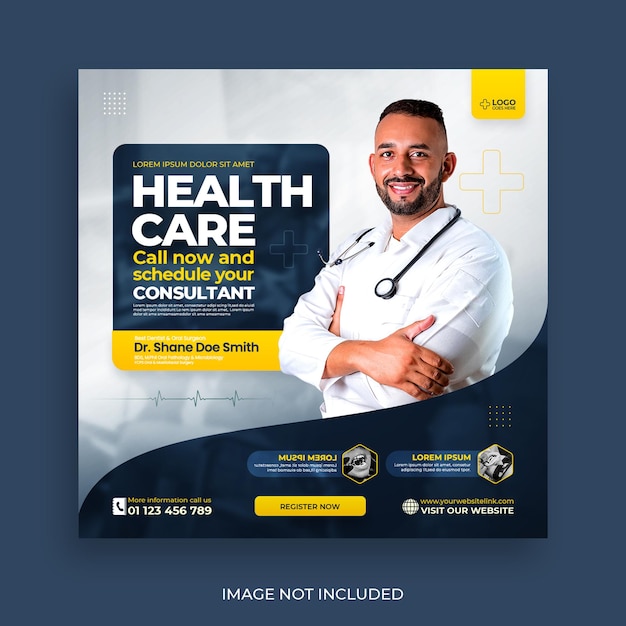Banner de saúde ou panfleto quadrado com tema médico para modelo de postagem de mídia social