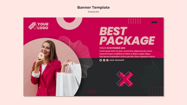 Banner de venda de compras com foto de mulher