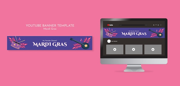 PSD grátis banner do youtube da celebração do mardi gras