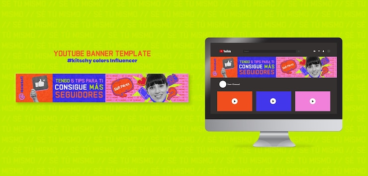 PSD grátis banner do youtube de cores kitsch desenhadas à mão