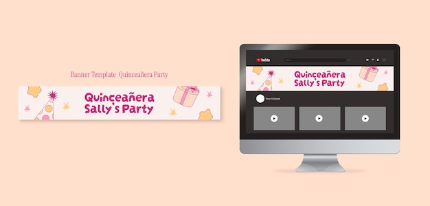 PSD grátis banner do youtube de festa de quinceañera de design plano