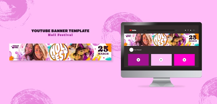PSD grátis banner do youtube para celebração do festival holi