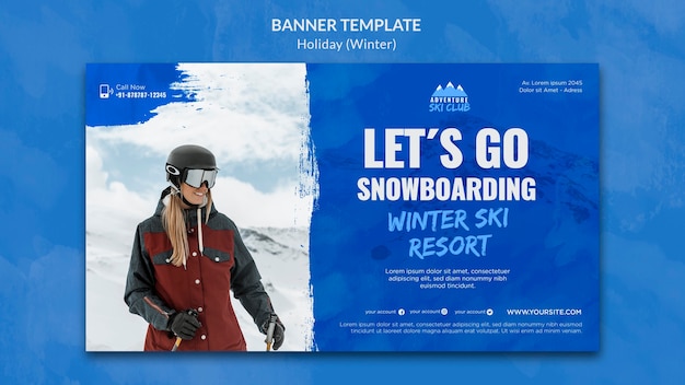 Banner horizontal de tempo de snowboard