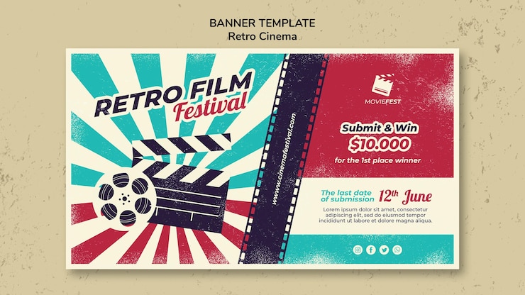 PSD grátis banner horizontal para cinema retrô