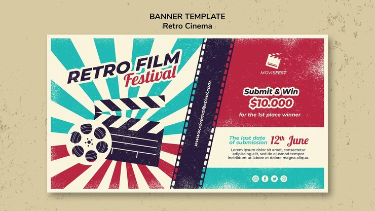 PSD grátis banner horizontal para cinema retrô