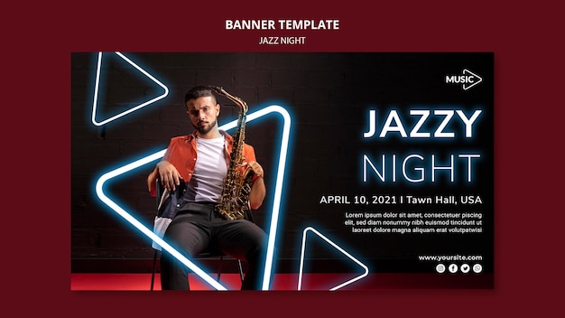 PSD grátis banner horizontal para evento noturno de jazz neon