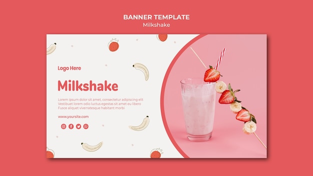 PSD grátis banner horizontal para milkshake de morango