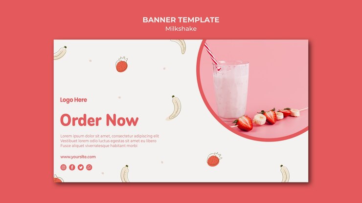 PSD grátis banner horizontal para milkshake de morango