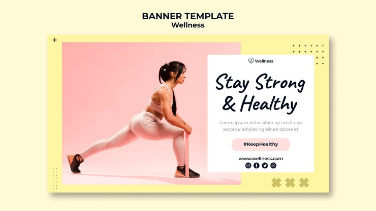 PSD grátis banner horizontal para saúde e bem-estar com mulher fazendo exercícios