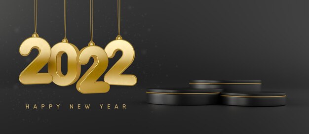 Banner new year 2022 3d render template design pódio realista
