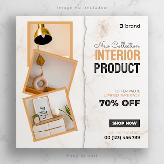Banner ou flyer quadrado para venda de móveis e design de modelo de postagem no instagram do interior da casa