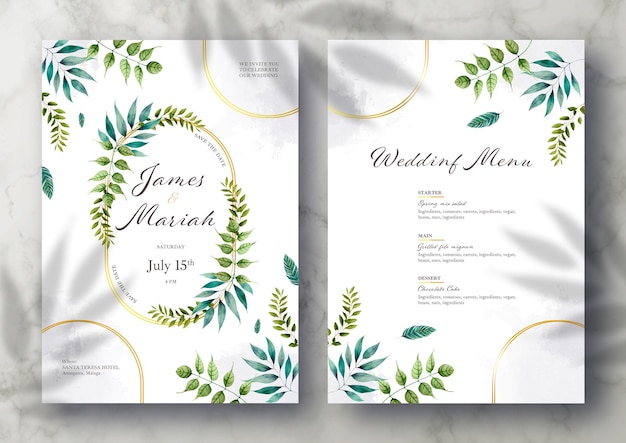 Belo convite de casamento e modelo de menu com folhas de aquarela e moldura dourada