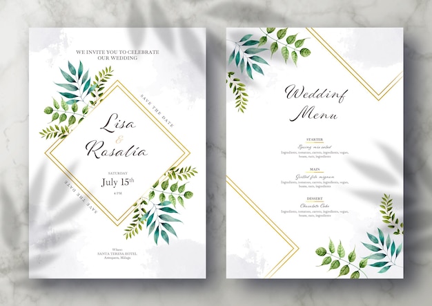 Belo convite de casamento e modelo de menu com folhas de aquarela e moldura dourada