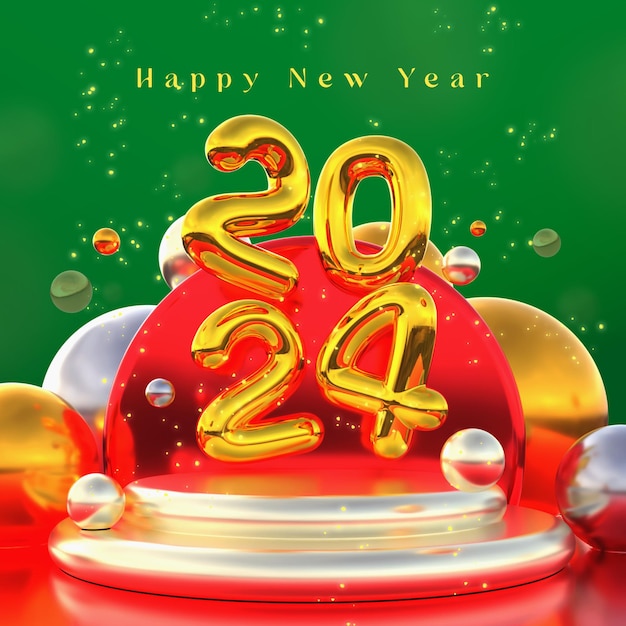 Belo e realista modelo de banner de feliz ano novo 2024 com elementos 3d