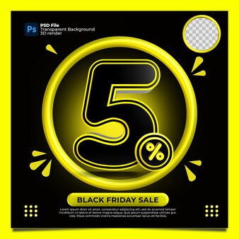 Black friday 5% de desconto na venda 3d render com a cor amarela