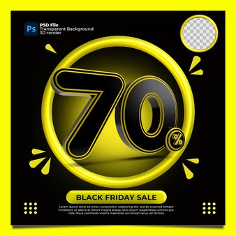 Black friday 70% de desconto na venda 3d render com a cor amarela