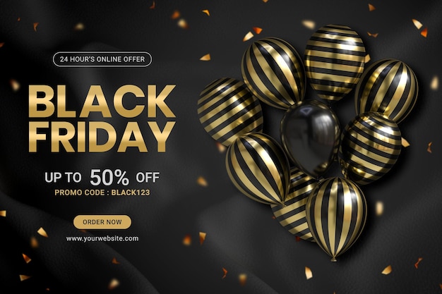 Black friday sale banner design template com balões realistas e confeti