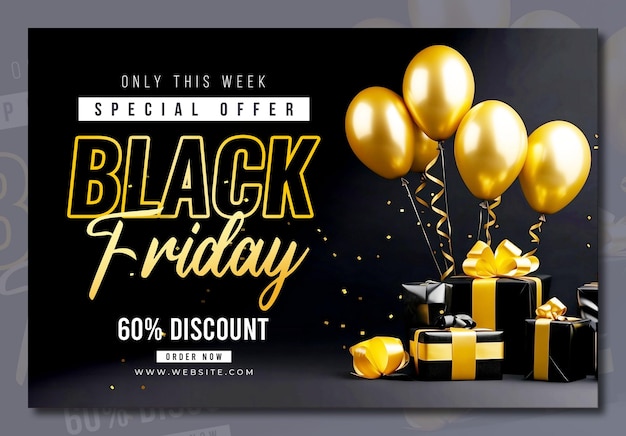 PSD grátis black friday sale banner template com presentes 3d e balões