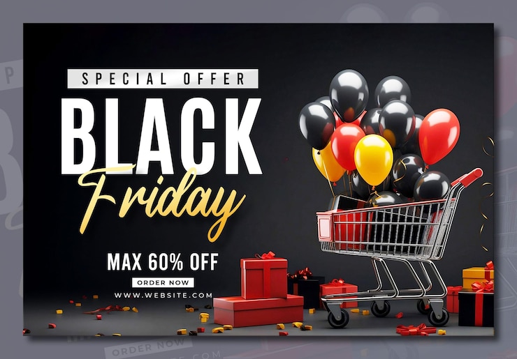 PSD grátis black friday sale banner template com presentes 3d e balões