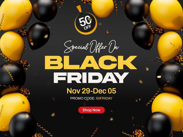 PSD grátis black friday sale modelo de design de banner de mídia social com balões realistas
