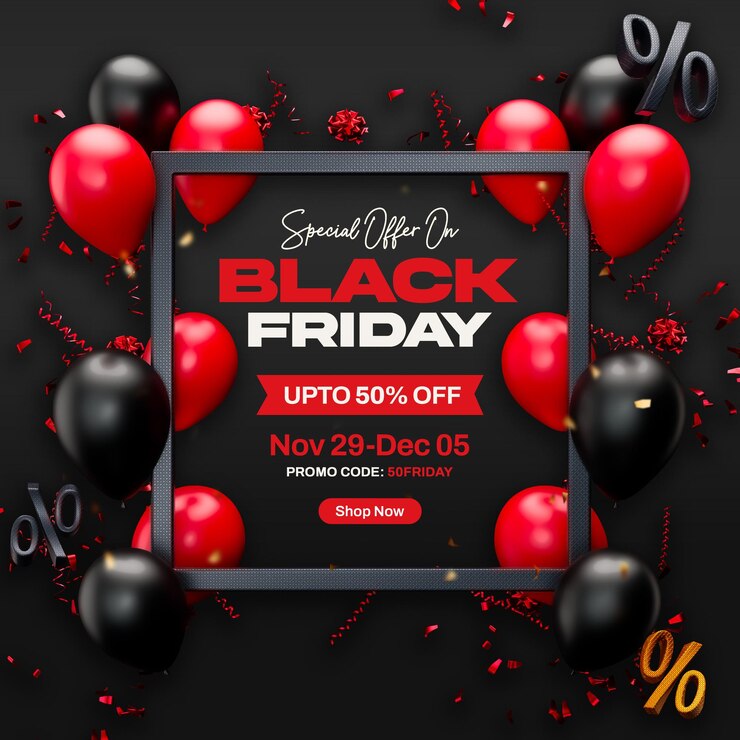 PSD grátis black friday sale modelo de design de banner de mídia social com balões realistas