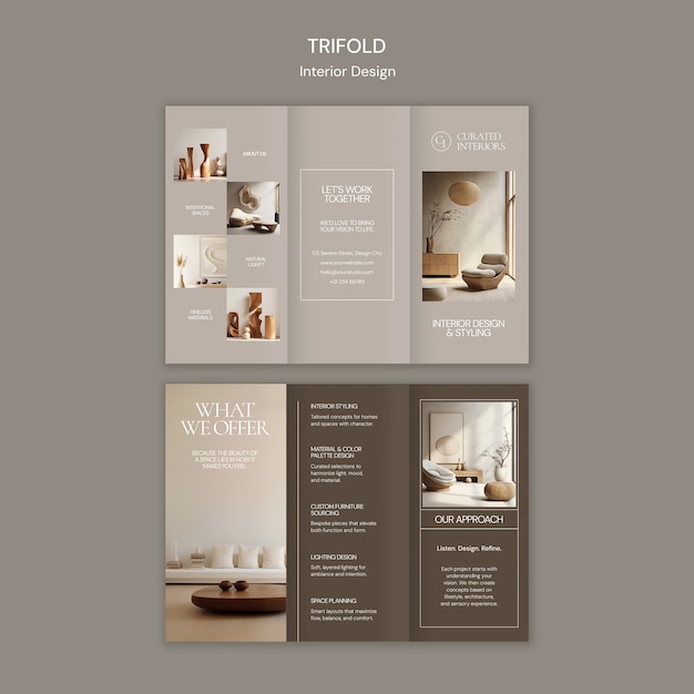Brochura tripla para serviços de design de interiores