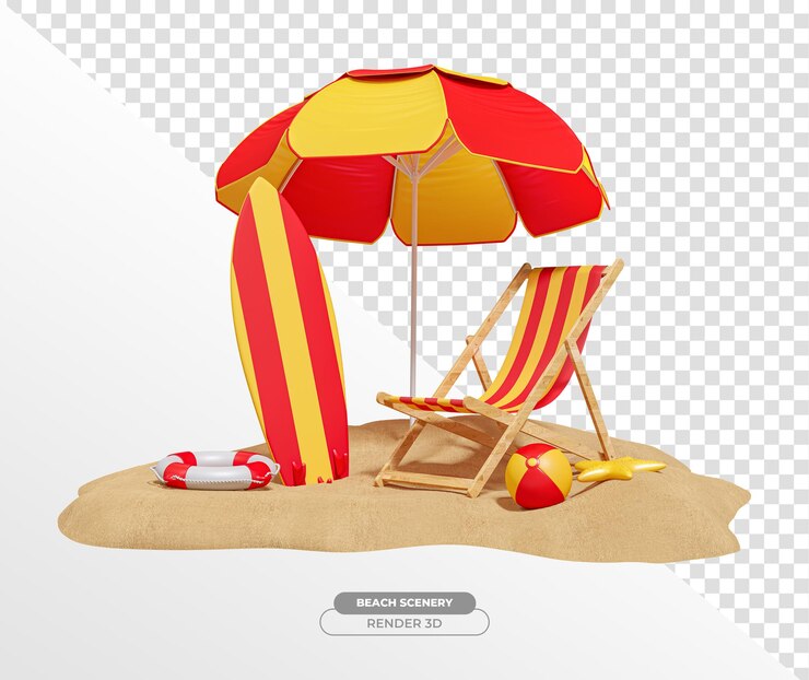 PSD grátis cadeiras de praia com guarda-chuva em renderização 3d realista com fundo transparente