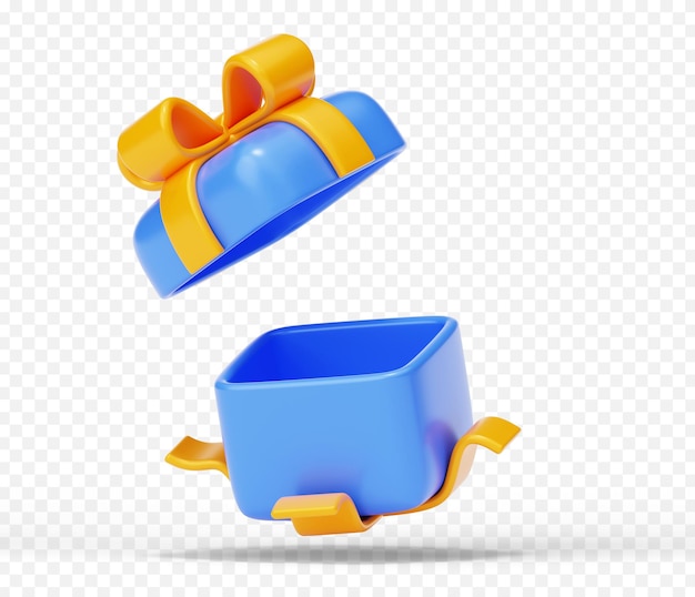 PSD grátis caixa de presente aberta cor azul com fita amarela surpresa presente ícone 3d ilustração de fundo de desenho animado