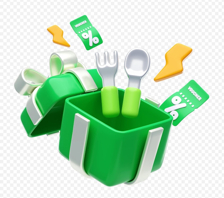 PSD grátis caixa de presente de desconto verde com garfo de colher e cupons de promoção 3d ilustração de fundo do conceito