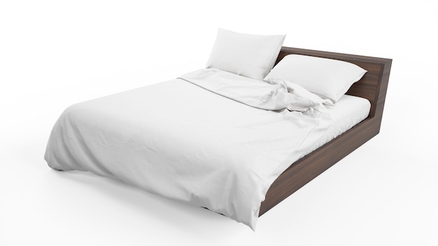 Cama de casal com roupa de cama branca isolada