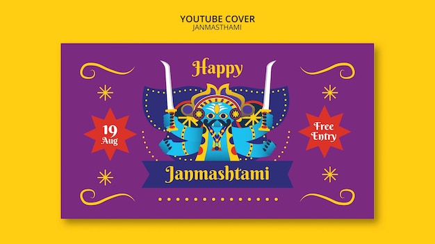 PSD grátis capa do youtube de celebração de janmashtami desenhada à mão