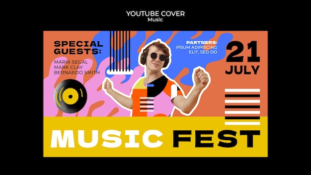 PSD grátis capa do youtube do festival de música de design plano