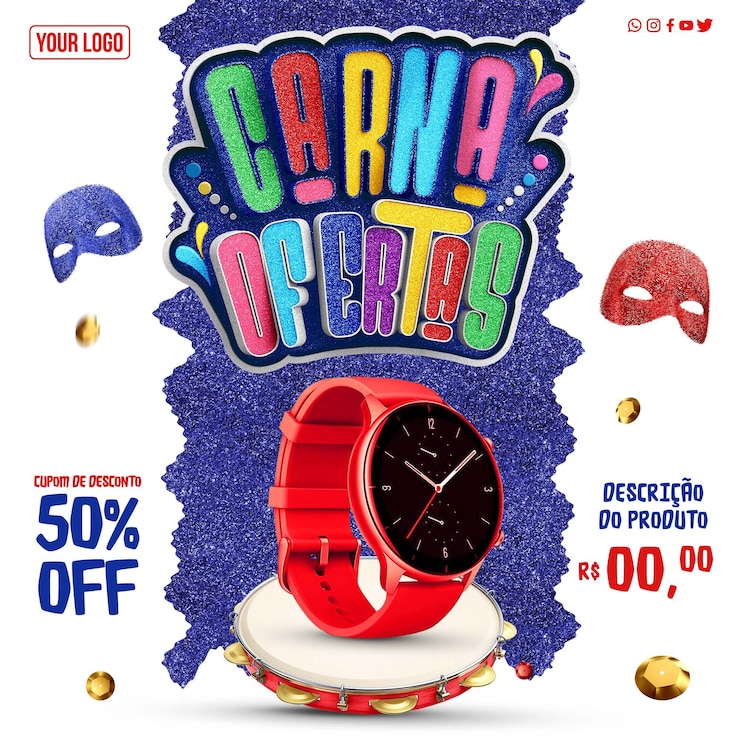 PSD grátis carnaval relgios com 50 descontos