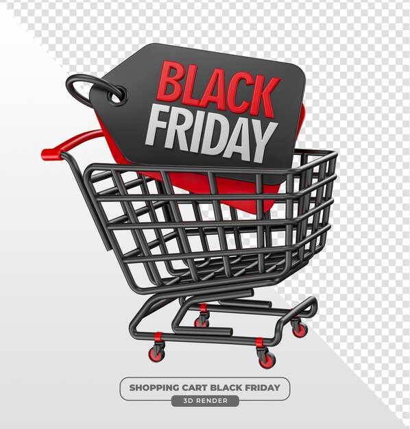 Carrinho de compras com Black Friday Tag em 3D Render com fundo transparente