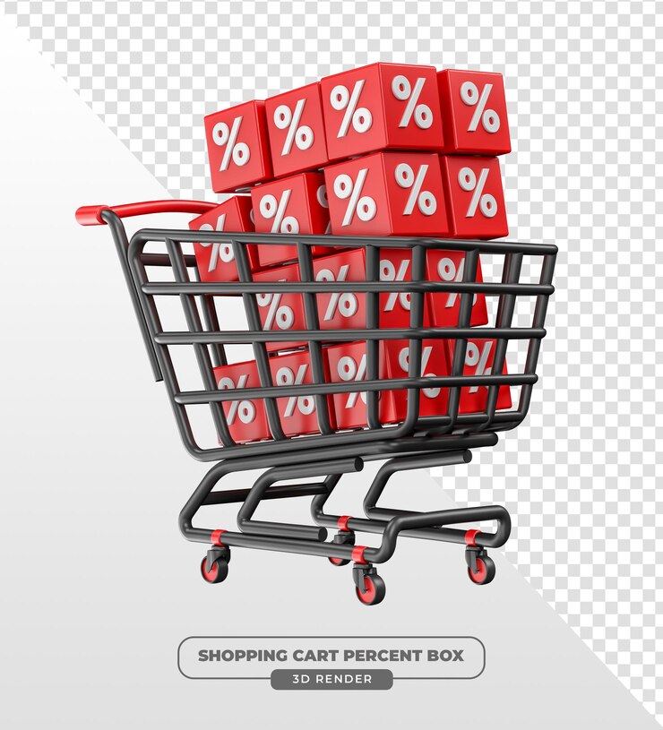 PSD grátis carrinho de compras com cubos de desconto vermelhos em 3d render com fundo transparente