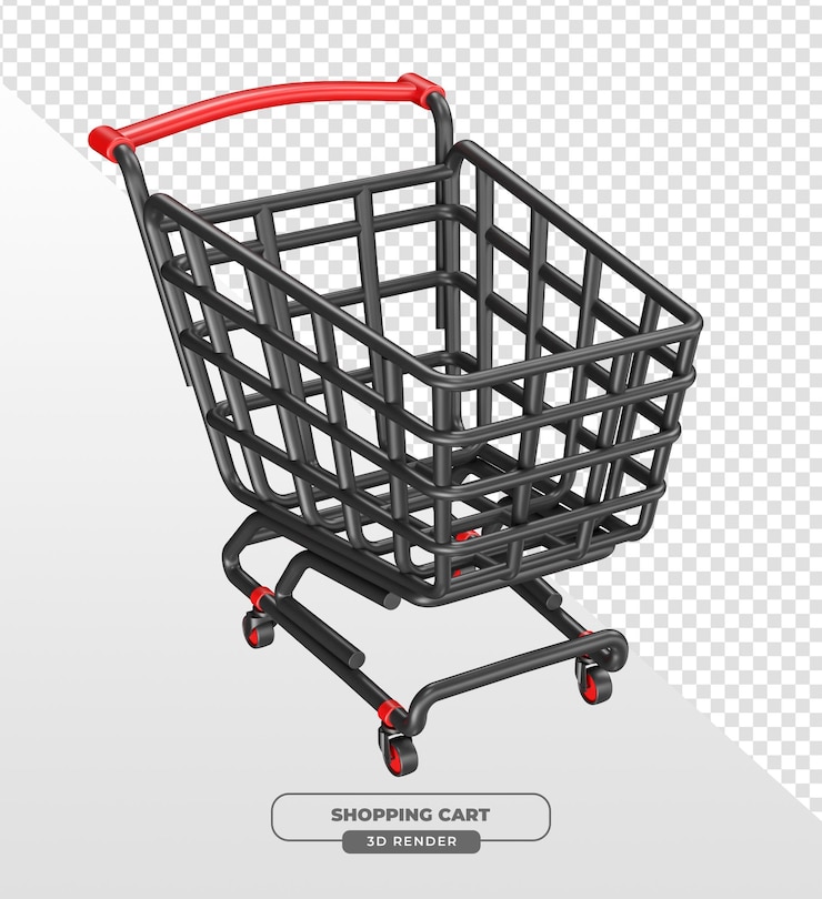PSD grátis carrinho de compras preto e vermelho em renderização 3d com fundo transparente